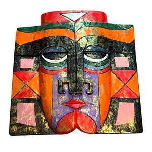 Colorful Abstract Face Wall Art Samuel Burch Cat Hand Painted Wood